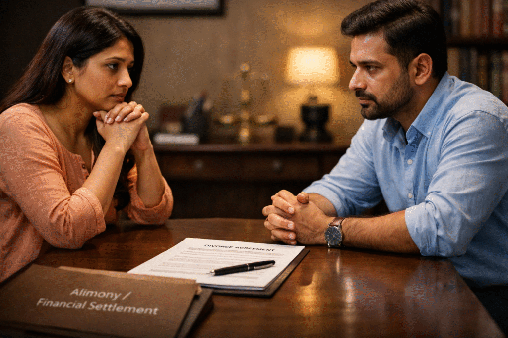 Indian husband and wife discussing alimony and financial settlement before signing mutual divorce papers in a lawyer’s office